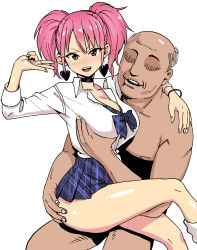 Rule 34 | 1boy, 1girl, age difference, balding, black choker, blush, bow, bowtie, grabbing another&#039;s breast, breasts, choker, clothed female nude male, collarbone, collared shirt, earrings, faceless, faceless male, grabbing, groping, gyaru, happy, happy sex, heart, heart earrings, highres, jewelry, kotobuki mirai, large breasts, looking at viewer, loose bowtie, loose neck ribbon, loose neckwear, matching hair/eyes, medium breasts, miniskirt, noah&#039;s notes, nude, old, old man, older man and younger girl, pink eyes, pink hair, plaid, plaid skirt, pleated skirt, ring, school uniform, shirt, short hair, simple background, sitting, sitting on lap, sitting on person, skirt, smile, socks, twintails, v, velzhe, w, white legwear, white shirt