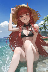 Rule 34 | 1girl, :d, absurdres, arknights, arm up, bare arms, bare shoulders, beach, bikini, black bikini, blue sky, blush, braid, breasts, brown hat, cleavage, day, detached collar, feet out of frame, hand on headwear, hat, highres, horns, horns through headwear, knees up, long hair, naiyo (crude noo), necktie, ocean, official alternate costume, on ground, open mouth, outdoors, palm tree, parted lips, pointy ears, red eyes, red hair, red necktie, shallow water, side-tie bikini bottom, sitting, sky, small breasts, smile, solo, straw hat, swimsuit, tree, twin braids, very long hair, vigna (arknights), vigna (casual vacation) (arknights), water