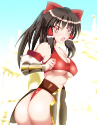 Rule 34 | 1girl, armor, ass, bare shoulders, bikini armor, black hair, blush, bow, breasts, brown eyes, faulds, hair bow, hair tubes, hakurei reimu, highres, large breasts, long hair, looking at viewer, open mouth, shiny clothes, shiny skin, solo, thong, tora (mokotiger), toraoto, touhou