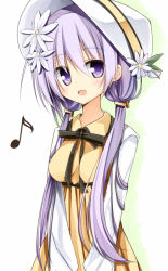 Rule 34 | 1girl, casual, flower, hair flower, hair ornament, hat, long hair, low twintails, musical note, purple eyes, purple hair, solo, touhou, tsukumo benben, twintails, white background, yuuhagi (amaretto-no-natsu)
