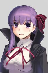 Rule 34 | 1girl, bb (fate), bb (fate/extra), black coat, blush, boa (brianoa), coat, d:, fate/extra, fate/extra ccc, fate (series), grey background, hair ribbon, highres, looking at viewer, neck ribbon, open clothes, open coat, open mouth, parted lips, popped collar, purple eyes, purple hair, red ribbon, ribbon, shirt, simple background, solo, upper body, white shirt, wing collar