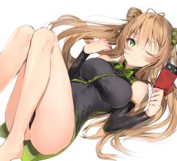 Rule 34 | 1girl, ;), antenna hair, ass, black dress, black panties, black sleeves, blush, bow, breasts, brown hair, closed mouth, commentary request, detached sleeves, double bun, dress, girls&#039; frontline, green bow, green eyes, hair between eyes, hair bow, hair bun, highres, holding, knees up, large breasts, long hair, long sleeves, looking at viewer, one eye closed, panties, rfb (girls&#039; frontline), side bun, silver (chenwen), simple background, sleeveless, sleeveless dress, smile, solo, underwear, very long hair, white background