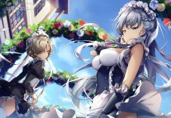 Rule 34 | 2girls, absurdres, apron, azur lane, bare shoulders, belfast (azur lane), black dress, blue sky, braid, breasts, brown eyes, brown hair, building, buttons, closed mouth, day, double-breasted, dress, floating hair, flower, french braid, from below, garter straps, gauntlets, hand on own cheek, hand on own face, head tilt, highres, huge filesize, juliet sleeves, large breasts, long hair, long sleeves, looking at viewer, looking back, maid, maid apron, maid headdress, medium breasts, multiple girls, outdoors, puffy sleeves, purple eyes, riichu, rose, scan, sheffield (azur lane), short hair, silver hair, sky, smile, sparkle, thighhighs, underbust, very long hair, white legwear