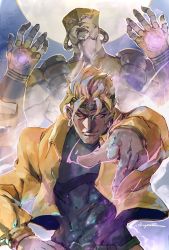 Rule 34 | 2boys, belt, blonde hair, bracelet, closed mouth, covered navel, diffraction spikes, dio brando, earrings, fingernails, glowing, headband, heart, highres, ikuyoan, jewelry, jojo no kimyou na bouken, moon, multiple boys, outdoors, pink eyes, pointing, pointing at viewer, red eyes, signature, stand (jojo), stardust crusaders, the world