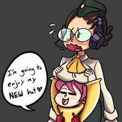 Rule 34 | 2girls, = =, age difference, bluejr, breast rest, breasts, breasts on head, brown hair, child, english text, flying sweatdrops, glasses, grabbing, grabbing another&#039;s breast, grey background, hat, headset, large breasts, molly (skullgirls), multiple girls, onee-loli, open mouth, raincoat, short hair, simple background, size difference, skullgirls, smile, umbrella (skullgirls), uniform, yuri