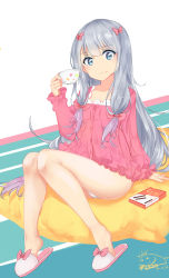 Rule 34 | 10s, 1girl, 2017, ^^^, absurdres, arm at side, bad id, bad pixiv id, blue eyes, bow, buttons, closed mouth, collarbone, cup, dated, drawing tablet, eromanga sensei, food, food on face, frilled sleeves, frills, full body, gradient hair, hair bow, highres, holding, holding cup, izumi sagiri, knees together feet apart, knees up, legs, long hair, long sleeves, looking at viewer, low-tied long hair, multicolored hair, pajamas, panties, pantyshot, peng yong, pillow, pink bow, pocky, purple hair, sidelocks, signature, silver hair, sitting, sitting on pillow, slippers, solo, teacup, underwear, very long hair, white panties