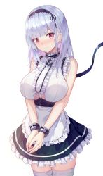Rule 34 | 1girl, absurdres, apron, azur lane, bare shoulders, blush, breasts, clothing cutout, cowboy shot, dido (azur lane), dress, earrings, frilled dress, frills, hairband, highres, jewelry, large breasts, long hair, looking at viewer, maid, maid apron, nose blush, red eyes, seero, silver hair, simple background, sleeveless, sleeveless dress, solo, thighhighs, underboob, underboob cutout, white background, white thighhighs, zettai ryouiki
