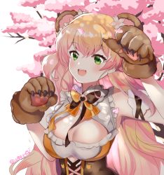 Rule 34 | 1girl, :d, animal ears, animal hands, arm up, bare shoulders, bear ears, blonde hair, branch, breasts, brown gloves, commentary request, fang, flower, gloves, green eyes, hair between eyes, hair flower, hair ornament, hololive, looking at viewer, lunacats, medium breasts, momosuzu nene, open mouth, paw gloves, pink flower, shirt, sleeveless, sleeveless shirt, smile, solo, twitter username, virtual youtuber, white background, white flower, white shirt