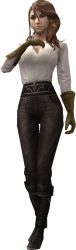 Rule 34 | 1girl, 3d, boots, breasts, brown eyes, brown hair, cleavage, female focus, final fantasy, final fantasy type-0, gloves, hanaharu emina, large breasts, long shirt, pants, shirt, solo, standing, transparent background