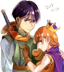 Rule 34 | 1boy, 1girl, alena (dq4), breasts, cape, clift, closed mouth, commentary request, crown, curly hair, dragon quest, dragon quest iv, gloves, long hair, looking at viewer, orange hair, red eyes, simple background, sword, weapon, white background