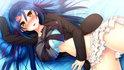 Rule 34 | 1girl, :o, bed, blazer, blue bra, blue hair, blue panties, blush, bra, breasts, cherry blossoms, clothes lift, cowboy shot, dutch angle, embarrassed, female focus, from above, game cg, haikai giga, hair between eyes, hair ornament, hair ribbon, hair spread out, hairclip, indoors, jacket, kagami suzuha, large breasts, layered skirt, long hair, long sleeves, looking at viewer, lying, midriff, multicolored eyes, nose blush, on back, on bed, open clothes, open jacket, orange eyes, panties, pantyshot, parted bangs, pillow, purple eyes, raised eyebrows, ren&#039;ai phase, ribbon, shirt lift, skirt, solo, swept bangs, tress ribbon, underwear, usume shirou, very long hair