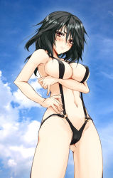 Rule 34 | 10s, 1girl, black hair, blush, breast hold, breasts, cameltoe, cloud, day, hand on own hip, hip focus, infinite stratos, large breasts, looking down, matsuno canel, orimura chifuyu, outdoors, sky, slingshot swimsuit, solo, standing, swimsuit
