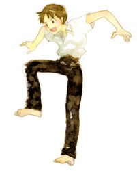 Rule 34 | 1boy, arms up, barefoot, black pants, brown eyes, brown hair, collared shirt, full body, ikari shinji, leg up, looking down, lowres, lrk, male focus, neon genesis evangelion, open mouth, pants, shirt, shirt tucked in, short sleeves, simple background, solo, standing, surprised, tareme, white background, white shirt, wing collar