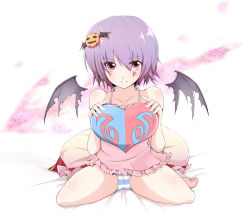 Rule 34 | 1girl, bad id, bad pixiv id, bat wings, camisole, female focus, heart, heart-shaped pillow, light purple hair, madara, madara (artist), madara hio, nightgown, panties, pillow, red eyes, remilia scarlet, short hair, solo, striped clothes, striped panties, touhou, underwear, wings