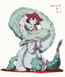 Rule 34 | 1girl, 2024, animal, closed mouth, dated, dragon, endo hazuki, fang, fang out, highres, long sleeves, original, red hair, short hair, sleeves past wrists, slippers, smile, socks, solo, standing