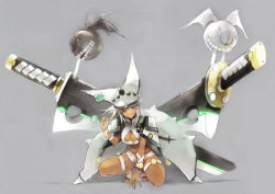 Rule 34 | 1girl, bad feet, bana (stand flower), belt bra, breasts, cape, cleavage, commentary request, dark-skinned female, dark skin, guilty gear, guilty gear xrd, highres, long hair, looking at viewer, orange eyes, ramlethal valentine, short shorts, shorts, simple background, smile, teeth, thigh strap, white hair