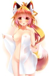 Rule 34 | 1girl, animal ear fluff, animal ears, autumn dawn, blush, breasts, commentary request, female focus, fox ears, fox tail, gradient background, highres, long hair, naked towel, nipples, nude, original, simple background, smile, solo, tail, towel, white background