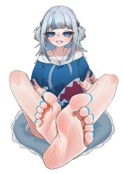 Rule 34 | 1girl, absurdres, barefoot, blue eyes, blue hair, ecchi-o, feet, foot focus, gawr gura, grin, highres, hololive, hololive english, light blue hair, long hair, looking at viewer, multicolored hair, smile, soles, streaked hair, toes, virtual youtuber
