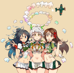 Rule 34 | 3girls, :d, :o, aircraft, airplane, amagi (kancolle), antlers, asymmetrical hair, black hair, blue eyes, braid, breasts, brown eyes, brown hair, cleavage cutout, clothing cutout, cloud print, colored eyelashes, cowboy shot, crop top, detached sleeves, elbow gloves, fingerless gloves, flower, gloves, gradient hair, grin, hair flower, hair ornament, hair ribbon, high ponytail, highres, hip vent, horns, jitome, kantai collection, katsuragi (kancolle), kusanagi tonbo, large breasts, leaf hair ornament, long braid, long hair, looking at viewer, midriff, mole, mole under eye, multicolored hair, multiple girls, navel, one eye closed, open mouth, parted bangs, pleated skirt, pointing, pointing at viewer, ponytail, ribbon, shikigami, short sleeves, sidelocks, silver hair, simple background, single braid, skirt, small breasts, smile, standing, stomach, thighhighs, thighs, two-tone hair, unryuu (kancolle), v, very long hair, wavy hair, white ribbon, wide ponytail, yellow background, yellow eyes, zettai ryouiki