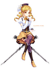 Rule 34 | 10s, 1girl, absurdres, arm warmers, beret, blonde hair, blush, boots, brown thighhighs, crossed legs, cup, detached sleeves, drill hair, fingerless gloves, full body, gloves, gun, hair ornament, hairpin, hat, highres, magical girl, magical musket, mahou shoujo madoka magica, mahou shoujo madoka magica (anime), pleated skirt, puffy sleeves, revision, ribbon, rifle, sayori (neko works), simple background, sitting, skirt, solo, striped clothes, striped thighhighs, teacup, thighhighs, tomoe mami, twin drills, twintails, vertical-striped clothes, vertical-striped thighhighs, watermark, weapon, white background, yellow eyes, zettai ryouiki