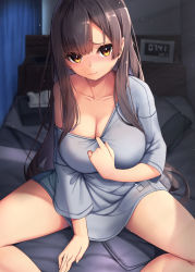 Rule 34 | 1girl, bare shoulders, black hair, blush, breasts, cleavage, clock, closed mouth, clothes pull, collarbone, commentary request, digital clock, feet out of frame, grey shirt, highres, large breasts, long hair, long sleeves, looking at viewer, no pants, nose blush, off shoulder, on bed, original, pulling own clothes, shirt, shirt pull, solo, tatapopo, tissue box, very long hair, yellow eyes