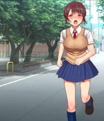 Rule 34 | 1girl, blush, breasts, brown hair, collared shirt, day, furitendou, large breasts, legs, looking at viewer, necktie, open mouth, original, outdoors, plaid, plaid skirt, red eyes, road, school uniform, shirt, shoes, short hair, short sleeves, skirt, solo, standing, street, thighs, tree, walking