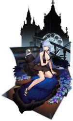 Rule 34 | 1girl, animal, arm support, azur lane, bald eagle, bare arms, bare legs, bare shoulders, bird, black dress, black footwear, blue hair, bracelet, breasts, champagne flute, cleavage, cup, dress, drinking glass, eagle, essex (azur lane), essex (craft fairytail) (azur lane), full body, hair ribbon, halter dress, halterneck, high heels, highres, holding, holding cup, jewelry, kexue, large breasts, long hair, looking at viewer, nail polish, necklace, official alternate costume, official art, open mouth, ponytail, red eyes, ribbon, sitting, sleeveless, sleeveless dress, smile, solo, thigh strap, transparent background, tuxedo, very long hair