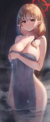 Rule 34 | 1girl, absurdres, backlighting, blue archive, blurry, blush, breast hold, breasts, chinatsu (blue archive), chinatsu (hot spring) (blue archive), cleavage, closed mouth, collarbone, covered navel, covering privates, covering breasts, cowboy shot, eyelashes, frown, hair over shoulder, hair tubes, halo, hand up, highres, holding, holding towel, large breasts, long hair, looking at viewer, low-tied long hair, nude cover, onsen, pointy ears, snowing, solo, standing, steam, takechii, thighs, towel, unaligned breasts, wading, water, wet, wet towel