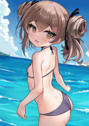 Rule 34 | 1girl, absurdres, ass, back, bikini, black ribbon, blue bikini, blue sky, breasts, brown eyes, brown hair, butt crack, cloud, cloudy sky, commentary, cowboy shot, day, double bun, from side, girls und panzer, hair bun, hair ribbon, hair up, halterneck, highres, horizon, looking at viewer, monomono, ocean, open mouth, outdoors, ribbon, shimada arisu, short hair, sky, small breasts, solo, standing, swimsuit, wading
