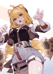 Rule 34 | 1girl, ahoge, animal ears, asc11, bandaid, bare shoulders, bear ears, belt, black jacket, black shirt, blonde hair, breasts, brown jacket, chinese commentary, choker, claw pose, commentary request, cowboy shot, cropped jacket, detached sleeves, fang, from below, fur-trimmed jacket, fur trim, hair between eyes, hat, high-waist shorts, highres, honkai (series), honkai impact 3rd, jacket, large breasts, lion ears, long hair, looking at viewer, medium breasts, off shoulder, open clothes, open jacket, open mouth, red eyes, shirt, short shorts, shorts, simple background, solo, susannah manatt, susannah manatt (valkyrie quicksand), tail, thigh gap, thigh strap, thighs, very long hair, white background, white shorts