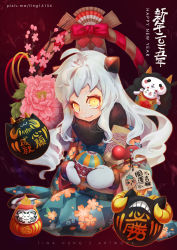 Rule 34 | 10s, 1girl, absurdres, abyssal ship, ahoge, alternate costume, daruma doll, happy new year, highres, horns, japanese clothes, kantai collection, kimono, long hair, looking at viewer, mittens, new year, northern ocean princess, pale skin, sheep, silver hair, sitting, tina hung, yellow eyes