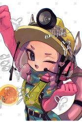 Rule 34 | 1girl, blue eyes, commentary, frisk kunn, gloves, golden egg, green overalls, hand up, headlamp, headphones, high-visibility vest, highres, jumpsuit, lifebuoy, mining helmet, nintendo, octoling, octoling girl, octoling player character, one eye closed, open mouth, pink gloves, pink hair, rubber gloves, salmon run (splatoon), simple background, solo, splatoon (series), splatoon 3, suction cups, swim ring, symbol-only commentary, tentacle hair, white background