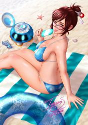 Rule 34 | 1girl, arm support, ass, beach, beach towel, bikini, blue bikini, breasts, brown eyes, brown hair, butt crack, cleavage, glasses, hair bun, hair ornament, hair stick, hairpin, highres, ice, large breasts, looking at viewer, looking back, mei (overwatch), overwatch, overwatch 1, sand, seashell, shell, sideboob, single hair bun, sitting, solo, starfish, swimsuit, tongue, tongue out, torn s, towel