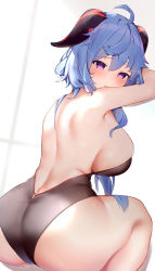 Rule 34 | 1girl, absurdres, ahoge, ass, bare arms, bare shoulders, black leotard, blue hair, blush, breasts, commentary, ganyu (genshin impact), genshin impact, goat horns, highres, horns, large breasts, leotard, long hair, looking at viewer, looking back, paid reward available, parted lips, purple eyes, smile, solo, symbol-only commentary, usagi poi
