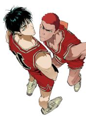 Rule 34 | 2boys, atie1225, basketball jersey, basketball uniform, black hair, buzz cut, closed mouth, commentary, frown, green eyes, highres, looking at viewer, male focus, multiple boys, red hair, red shirt, red shorts, rukawa kaede, sakuragi hanamichi, shirt, shoes, short hair, shorts, slam dunk (series), sleeveless, sleeveless shirt, sneakers, sportswear, standing, symbol-only commentary, v-shaped eyebrows, very short hair, white footwear