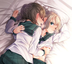 Rule 34 | 2girls, bed sheet, blush, brown hair, closed mouth, clothes lift, commentary request, girl on top, green eyes, green sailor collar, green skirt, heavy breathing, kuraue hinata, long sleeves, lying, mad (hazukiken), multiple girls, nose blush, on back, one eye closed, open mouth, pillow, pleated skirt, sailor collar, shirt, shirt lift, skirt, sweat, twintails, white shirt, yama no susume, yukimura aoi, yuri