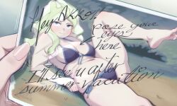 Rule 34 | 1girl, arm support, arrow (symbol), bikini, blonde hair, blue eyes, breasts, closed mouth, cloudxmoe, commentary, diana cavendish, drawing (object), english commentary, english text, fingernails, foot out of frame, heart, highres, large breasts, little witch academia, long hair, looking at viewer, lying, multicolored hair, navel, out of frame, plump, side-tie bikini bottom, solo focus, swimsuit, thick thighs, thighs, two-tone hair, wavy hair