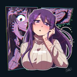 Rule 34 | 1girl, breasts, brown sweater, doki doki literature club, evil smile, hair ornament, hairclip, highres, large breasts, long hair, long sleeves, looking at viewer, open mouth, parted lips, purple eyes, purple hair, ribbed sweater, ryou sakai, smile, solo, spoilers, sweater, teeth, turtleneck, turtleneck sweater, yandere, yuri (doki doki literature club)