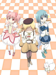 Rule 34 | 10s, 3girls, beret, blonde hair, blue eyes, blue hair, boots, cape, checkered floor, corset, cover, cup, drill hair, drinking, eating, floor, hat, hot dog, kaname madoka, kyubey, magical girl, mahou shoujo madoka magica, mahou shoujo madoka magica (anime), miki sayaka, mn0083, multiple girls, namacha, pink eyes, pink hair, shaded face, sparkle, tea, thigh boots, thighhighs, tomoe mami