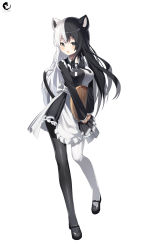 Rule 34 | 1girl, absurdres, animal ears, apron, artist logo, artist name, black hair, black legwear, blush, bow, cat ears, cat tail, full body, grey eyes, highres, lazbee, looking at viewer, mary janes, multicolored hair, original, shoes, simple background, solo, split-color hair, tail, two-tone hair, two-tone legwear, white background, white hair