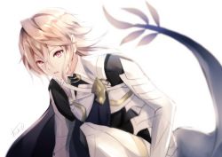Rule 34 | 1boy, armor, atoatto, cape, corrin (fire emblem), corrin (male) (fire emblem), corrin (male) (fire emblem), fire emblem, fire emblem fates, looking at viewer, male focus, nintendo, pointy ears, red eyes, simple background, tail, white background, white hair