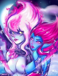 Rule 34 | 2girls, black sclera, blue skin, breasts, claws, colored sclera, colored skin, dual persona, evelynn (league of legends), evelynn (old), facial mark, fiery hair, grey skin, hand on own chest, jamilsc11, large breasts, league of legends, lipstick, looking at viewer, looking to the side, makeup, moon, multicolored hair, multiple girls, night, night sky, nipples, pink eyes, pink hair, pink lips, pink sclera, pointy ears, red hair, selfcest, sidelocks, sky, slit pupils, star (sky), white hair, yellow eyes, yuri
