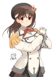 Rule 34 | 1girl, alternate costume, artist name, beret, breasts, brown eyes, brown hair, buttons, chiyoda (kancolle), cosplay, cowboy shot, dated, double-breasted, epaulettes, frilled sleeves, frills, gloves, grey skirt, hat, headband, highres, jacket, kantai collection, kashima (kancolle), kashima (kancolle) (cosplay), large breasts, long sleeves, medium hair, military, military jacket, military uniform, miniskirt, neckerchief, owa (ishtail), own hands clasped, own hands together, pleated skirt, red neckerchief, simple background, skirt, solo, uniform, white background, white gloves, white jacket
