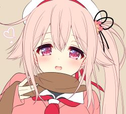 Rule 34 | 1girl, blush, close-up, commentary request, hair between eyes, hair flaps, hair ribbon, harusame (kancolle), heart, kantai collection, looking at viewer, open mouth, pink eyes, pink hair, ribbon, ringo sui, scarf, school uniform, serafuku, simple background, solo, sweater