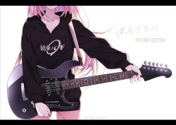 Rule 34 | 1girl, artist name, backlighting, black hoodie, bocchi the rock!, character name, collarbone, copyright name, electric guitar, gotoh hitori, guitar, head out of frame, highres, holding, holding instrument, holding plectrum, hood, hoodie, instrument, letterboxed, long hair, long sleeves, pants, pink hair, pink pants, plectrum, shigure (sigre), simple background, solo, standing, upper body, very long hair, white background, yamaha pacifica