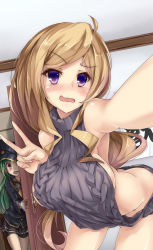 Rule 34 | 10s, 2girls, aran sweater, ass, backless dress, backless outfit, bastetx (monster strike), belphegor (monster strike), bent over, bike shorts, blush, breasts, brown hair, butt crack, cable knit, dress, gold trim, green hair, highres, kurokage, large breasts, long hair, looking at another, looking at viewer, lucy (monster strike), meme attire, monster strike, multiple girls, naked sweater, nose blush, open mouth, purple eyes, reaching, reaching towards viewer, selfie, sideboob, sweater, sweater dress, tears, thighs, turtleneck, turtleneck sweater, v, very long hair, virgin killer sweater, walk-in, wavy mouth, yellow eyes