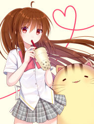 Rule 34 | 1girl, akausagi, brown hair, bubble tea, cat, commentary request, cowboy shot, doruji, dress shirt, drinking straw, grey skirt, heart, highres, little busters!, long hair, looking at viewer, natsume rin, plaid, plaid skirt, pleated skirt, ponytail, red eyes, school uniform, shirt, short sleeves, simple background, drinking, skirt, white background, white shirt
