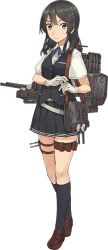 Rule 34 | 10s, 1girl, belt, black hair, black socks, blouse, brown footwear, buttons, cannon, depth charge, full body, gloves, hair ornament, hairclip, kantai collection, kneehighs, konishi (koconatu), loafers, long hair, looking at viewer, machinery, neck ribbon, official art, oyashio (kancolle), pleated skirt, purple ribbon, ribbon, school uniform, shirt, shoes, short sleeves, skirt, socks, solo, standing, thigh strap, torpedo, transparent background, turret, vest, white gloves, white shirt