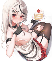 Rule 34 | 1girl, absurdres, ara1e, arm strap, bare shoulders, belt, black choker, black gloves, breasts, brown thighhighs, cake, cake slice, camisole, caution tape, choker, cleavage, commentary request, ear piercing, fingerless gloves, food, fork, frilled shirt, frills, garter straps, gloves, hair ornament, hairclip, highres, holding, holding fork, hololive, large breasts, long hair, looking at viewer, miniskirt, multicolored hair, piercing, plaid, plaid skirt, plate, pleated skirt, red skirt, sakamata chloe, sakamata chloe (1st costume), shirt, sitting, skirt, sleeveless, sleeveless shirt, solo, spaghetti strap, strap slip, streaked hair, thighhighs, thighs, torn clothes, torn thighhighs, virtual youtuber, white hair, white shirt, x hair ornament, zettai ryouiki