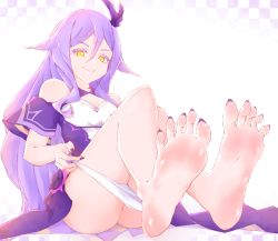 1girl artist_request ass barefoot feet hair_ornament honkai_(series) honkai_impact_3rd light_purple_hair long_hair looking_at_viewer panties unworn_panties sirin smile soles toes underwear yellow_eyes